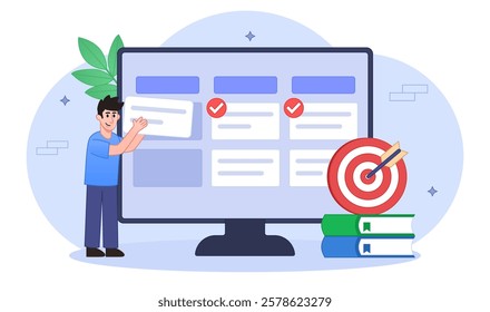 Productivity vector illustration. Flat tiny work efficiency persons concept. Creative solution management for success organization strategy. Performance development planning to increase tasks quality.