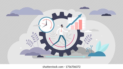 Productivity vector illustration. Job performance flat tiny persons concept. Efficient time and task management strategy for business growth progress and development. Dynamic work success elements.