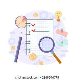 Ilustración vectorial de productividad. Ampliador. Elementos de administración de tiempo efectivos para su diseño. Tareas de planificación, actividades, horarios, tiempo de trabajo. Personajes en el trabajo.