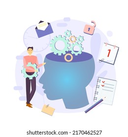 Ilustración vectorial de productividad. Mentalidad. Elementos de administración de tiempo efectivos para su diseño. Tareas de planificación, actividades, horarios, tiempo de trabajo.  Personajes en el trabajo