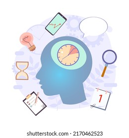 Productivity vector illustration. Mind, idea. Effective time management elements for your design. Planning tasks, activities, schedules, working time.  Characters people at work