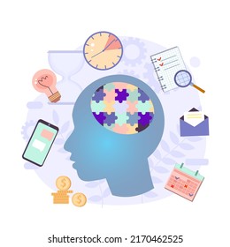 Productivity vector illustration. Mind, idea. Effective time management elements for your design. Planning tasks, activities, schedules, working time.  Characters people at work