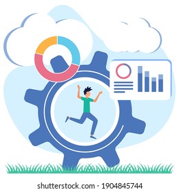 Ilustración vectorial de productividad. La actuación de un empresario exitoso. Estrategias eficientes de gestión de tareas y tiempo para el progreso y el desarrollo del negocio. Elementos dinámicos del éxito laboral.