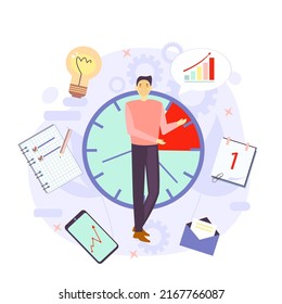 Ilustración vectorial de productividad. Cuidado. Elementos de administración de tiempo efectivos para su diseño. Tareas de planificación, actividades, horarios, tiempo de trabajo. Personajes en el trabajo.