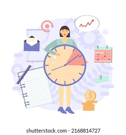 Productivity vector illustration. Watch. Effective time management elements for your design. Planning tasks, activities, schedules, working time. Characters people at work.