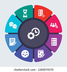 productivity vector template for infographics. Business concept with 9 options, steps, parts, segments. Banner infographic cycling diagram, round chart, Trendy, Time passing, hierarchy icons
