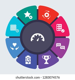 productivity vector template for infographics. Business concept with 9 options, steps, parts, segments. Banner infographic cycling diagram, round chart, Gauge, Favorite, Efficiency, Done icons