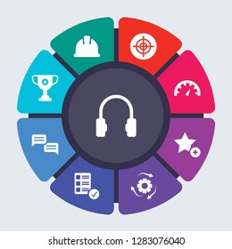 productivity vector template for infographics. Business concept with 9 options, steps, parts, segments. Banner infographic cycling diagram, round chart, Headphone, Hard hat, Gun target icons