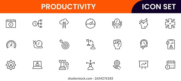 Productivity vetor web line icon collection, ilustrações elegantes de tarefas, relógios, calendários, ferramentas de eficiência para projetos otimizados e eficazes.