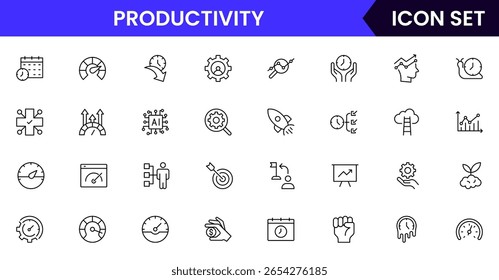 Productivity vetor web line icon collection, ilustrações elegantes de tarefas, relógios, calendários, ferramentas de eficiência para projetos otimizados e eficazes.