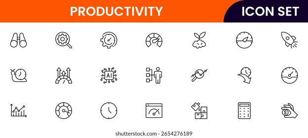 Productivity vetor web line icon collection, ilustrações elegantes de tarefas, relógios, calendários, ferramentas de eficiência para projetos otimizados e eficazes.