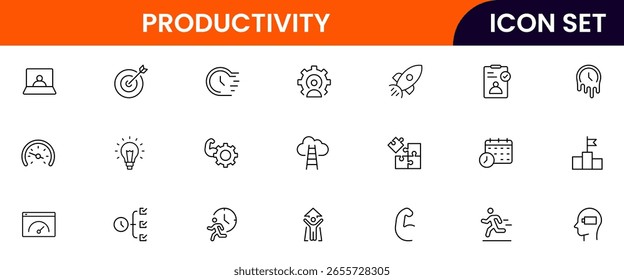 Productivity vetor web line icon collection, ilustrações elegantes de tarefas, relógios, calendários, ferramentas de eficiência para projetos otimizados e eficazes.