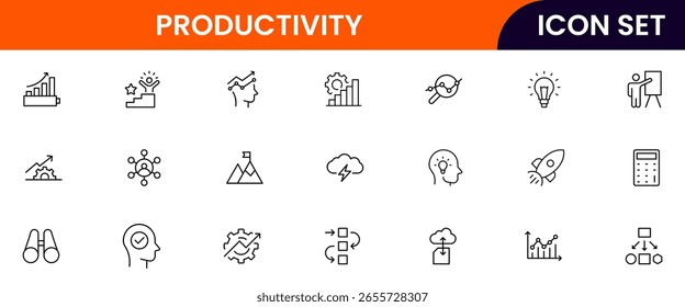 Productivity vector web line icon collection, sleek illustrations of tasks, clocks, calendars, efficiency tools for streamlined, effective designs.