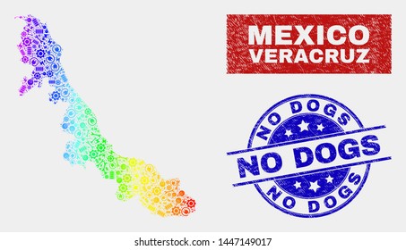 Productivity Veracruz State map and blue No Dogs scratched seal. Colorful gradiented vector Veracruz State map mosaic of mechanics units. Blue rounded No Dogs seal.