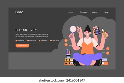 Productivity web banner or landing page dark or night mode. Character worktime optimization. Employee job performance, multitasking and efficiency. Career progress. Flat vector illustration