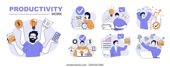 Productivity work concept set in flat web design. People in isolated scenes planning and organizing schedule lists, complete doing work tasks, multitasking and workflow process. Vector illustrations.