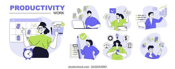 Productivity work concept set for web design. Collection with people planning and organizing schedule lists, doing tasks, workflow balance. Flat vector illustration isolated on white background.
