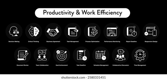 Productivity and Work Efficiency Icon Set – Task Management, Workflow Optimization, and Goal Setting