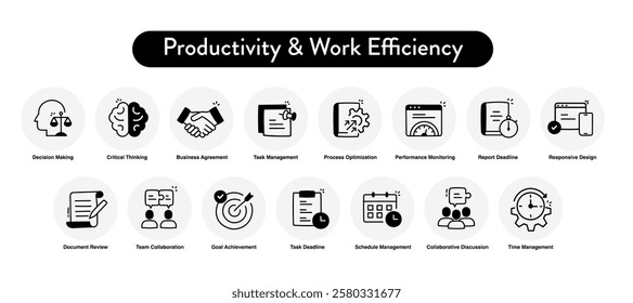 Productivity and Work Efficiency Icon Set – Task Management, Workflow Optimization, and Goal Setting