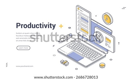 Productivity work process optimization isometric web banner design template vector illustration. Efficiency business computer workflow time management organization strategy development
