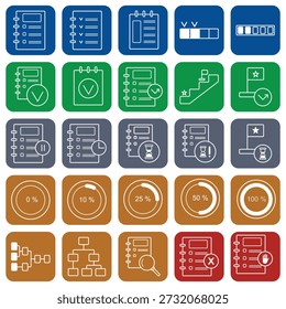 Conjunto de iconos de líneas de productividad y flujo de trabajo para la gestión de tareas, el seguimiento del progreso y los procesos empresariales. Incluye lista de tareas, lista de comprobación completada, lista de tareas pendientes, indicadores de progreso, estados completados y pendientes, tareas bloqueadas y rechazadas, íconos de revisión y Aprobación, diagramas de flujo de trabajo, rastreadores de progreso y símbolos de flujo de proceso. Limpie los iconos de contorno modernos en color, perfectos para UI, UX, App de Web, App móviles, paneles, herramientas de gestión de proyectos y presentaciones comerciales.