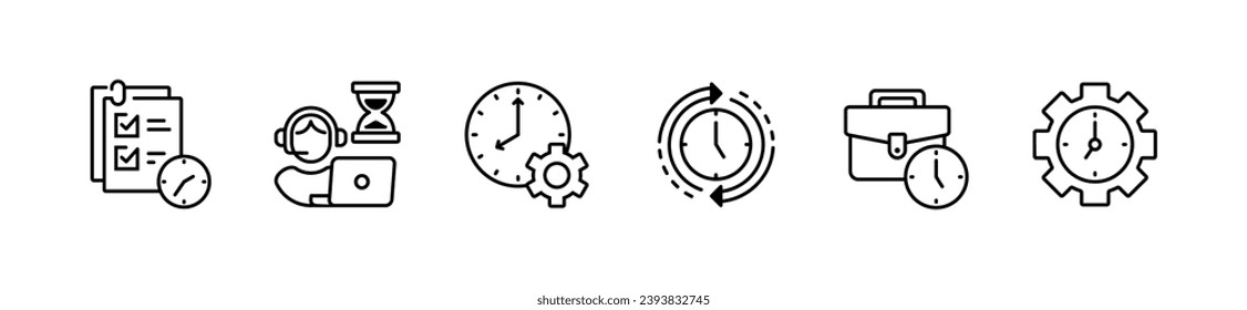 productivity working time management schedule icon line set business deadline target clock reminder gear setting illustration vector office work timer simple outline design