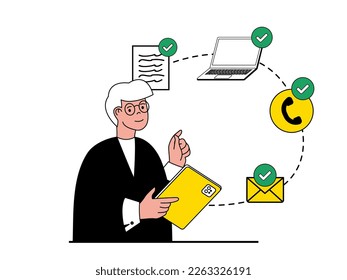 Concepto de trabajo de productividad con situación de carácter. El hombre planifica las tareas de trabajo, el papeleo en la oficina, organiza los procesos y administra el tiempo. Ilustración vectorial con escenas de personas en diseño plano para web