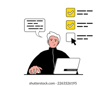 Productivity workplace concept with character situation. Man success completes tasks and chatting online with colleagues and customers. Vector illustration with people scene in flat design for web