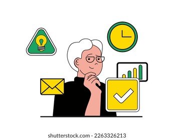 Concepto de trabajo de productividad con situación de carácter. El hombre trabaja eficientemente y completa las tareas hasta la fecha límite, la motivación y la inspiración. Ilustración vectorial con escenas de personas en diseño plano para web