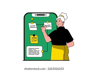 Produktivitäts-Arbeitsplatzkonzept mit Charaktersituation. Frauen organisieren Arbeitsabläufe und Prozesse, erstellen Notizen mit mobilen Anwendungen. Vektorgrafik mit Menschen-Szene in flachem Design für Web