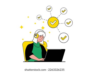 Productivity workplace concept with character situation. Woman works on laptop and performs work tasks, organizes workflow in office. Vector illustration with people scene in flat design for web