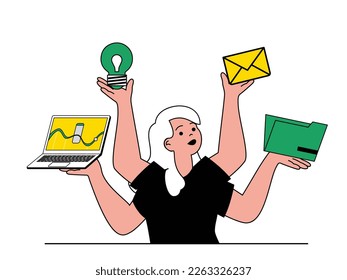Productivity workplace concept with character situation. Woman optimizes workflow and works efficiently, multitasking and time management. Vector illustration with people scene in flat design for web