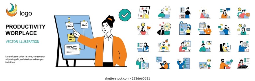 Productivity workplace concept with character situations mega set. Bundle of scenes people organizing workflow with notes and deadlines, crating to do lists. Vector illustrations in flat web design