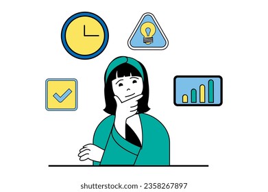 Productivity workplace concept with people scene in flat web design. Woman brainstorming, using effective multitasking, analyzing data. Vector illustration for social media banner, marketing material.