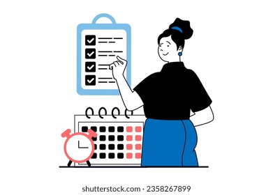 Productivity workplace concept with people scene in flat web design. Woman manages time with schedule checklist, planning at calendar. Vector illustration for social media banner, marketing material.