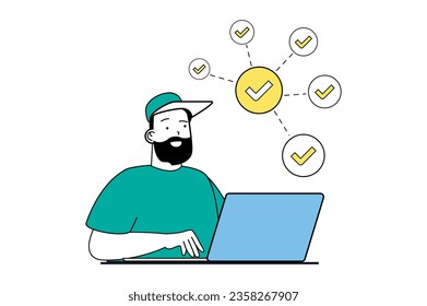 Productivity workplace concept with people scene in flat web design. Man doing work tasks, finding success solutions and automation. Vector illustration for social media banner, marketing material.