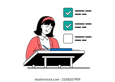 Productivity workplace concept with people scene in flat web design. Woman doing tasks, managing job processes and workflow at office. Vector illustration for social media banner, marketing material.
