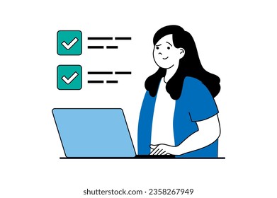 Productivity workplace concept with people scene in flat web design. Woman manager doing work tasks and putting checkbox in checklist. Vector illustration for social media banner, marketing material.