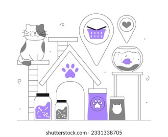 Products for animals line concept. Cat on scratching post near jars of food for domestic animals. Care and love about dogs and kittens. Fish in aquarium. Linear flat vector illustration