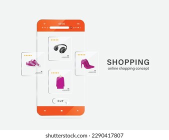 Products appear on glass smartphone screen, template for placing product images on smartphone screen to make online shopping advertising ,vector 3d isolated on white background for advertising