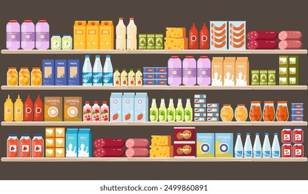 Products assortiment on supermarket. Shelves with sausage, cheese and canned goods. Natural and fresh products. Cookies, yogurt, oatmeal. Ketchup and mustard. Flat vector illustration