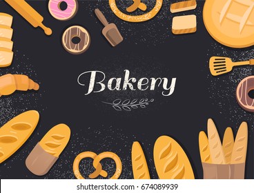  Products bakery on black background. Menu vector template cafe bakery. Collection of vector elements: bread, flour, donut, baguette, croissant. Illustration of baking.