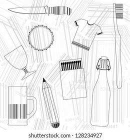 Products and Barcodes, vector seamless background.