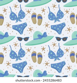 Products for the beach and recreation.  A swimsuit, a hat with a brim, sunglasses, flip-flops, starfish and sand. Seamless vector drawing on summer and marine themes.