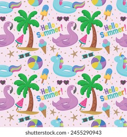 Products for the beach and recreation.  Swimsuit, hat with brim, sunglasses, sunscreen, ice cream, palm tree, ball, swimming circle and starfish. Seamless vector drawing on summer and marine themes.