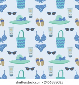 Products for the beach and recreation.  A swimsuit, a hat with a brim, sunglasses, flip-flops, starfish and sand. Seamless vector drawing on summer and marine themes.