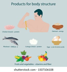 Products for body structure - mackerel, eggs, cottage cheese, vegetables, oatmeal, fruits - man measures the tape with biceps - vector. Spot food. Healthy lifestyle.