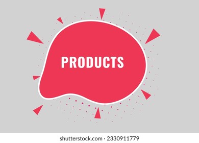 Botón Productos. Burbuja de voz, productos de etiquetas de pancarta