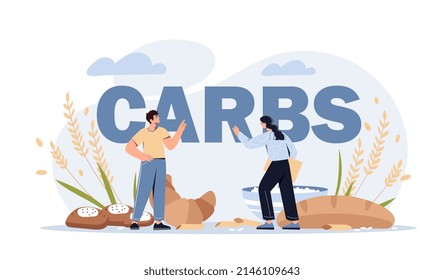 Products with carbs concept. Young men and women stand next to croissants, biscuits and bread. Unhealthy diet with lot of cholesterol and glucose. High calorie food. Cartoon flat vector illustration