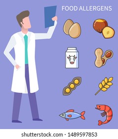 Products causing allergy, isolated doctor with analysis results on paper. Egg and nuts, milk and beans, wheat and meat of fish, shrimp meal. Vector illustration in flat cartoon style